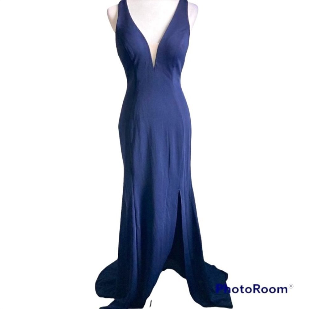 Navy Open Back Minimalist Long Formal Prom Dress US S